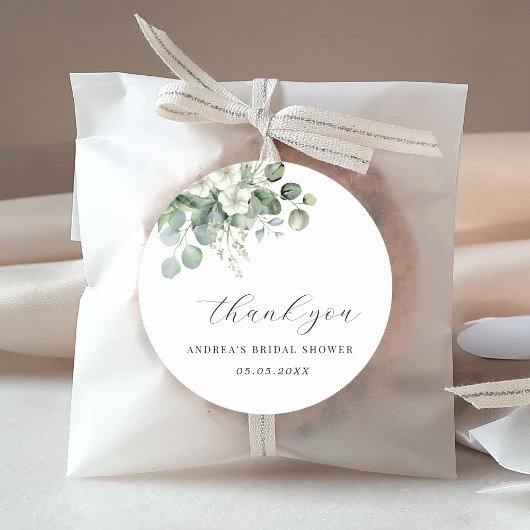 Sticker Rond Remerciements de mariage floral d'eucalyptus blanc