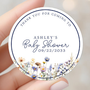 Sticker Rond Remerciements Fleur Sauvage Bleue Baby Shower Bohè