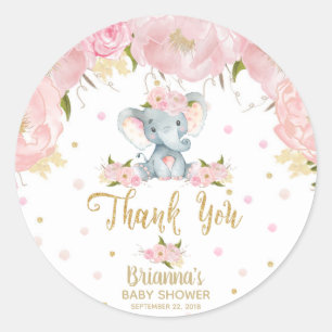 Sticker Rond Remerciements Fleuris Éléphant Baby Shower