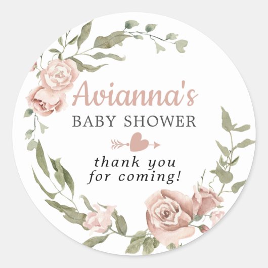 Sticker Rond Remerciements pour Baby Shower Fleur Rose Rustique (Devant)