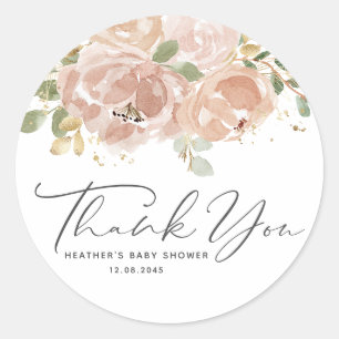 Sticker Rond Remerciements pour Baby Shower Fleurs Mauve Pêche