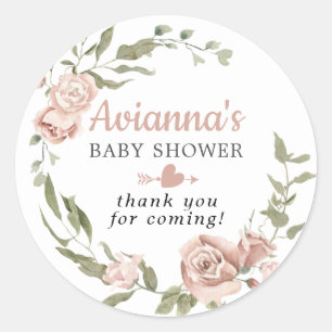 Sticker Rond Remerciements pour Baby Shower Fleurs Roses Rustiq