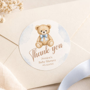 Sticker Rond Remerciements pour Baby Shower Ours en Peluche Aqu