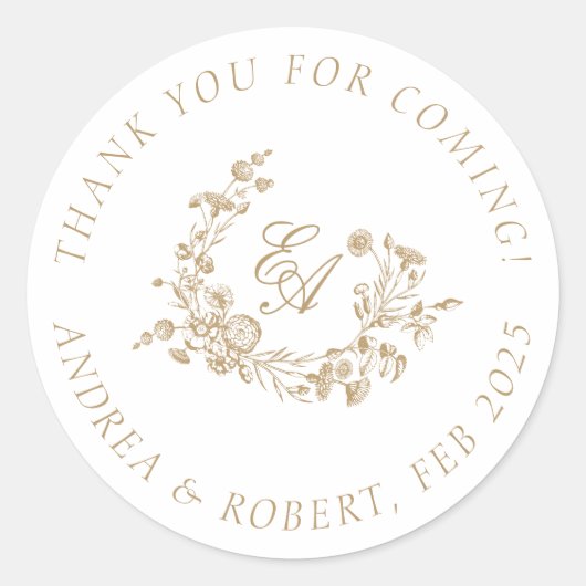 Sticker Rond Remerciements pour votre venue Fleurs Élégantes Or (Devant)