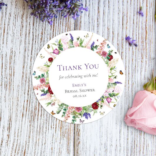 Sticker Rond Remerciment Fleurs Papillons Rose Violet