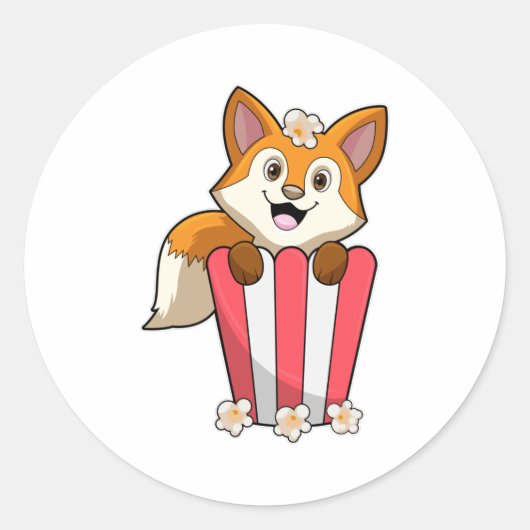 Sticker Rond Renard à manger avec Popcorn (Devant)
