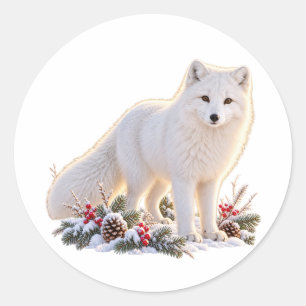 Sticker Rond Renard Arctique de Noël Hiver Merveilleux Enneigé