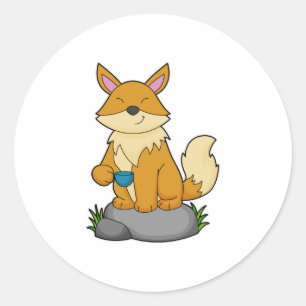 Sticker Rond Renard avec tasse de café