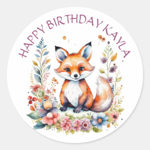 Sticker Rond Renard bébé en fleurs Joyeux anniversaire Personna