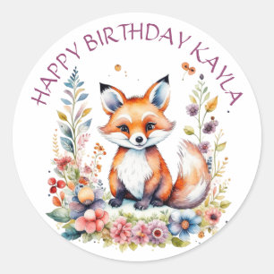 Sticker Rond Renard bébé en fleurs Joyeux anniversaire Personna