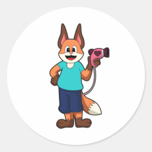 Sticker Rond Renard comme coiffeur avec sèche-cheveux