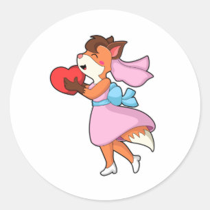 Sticker Rond Renard comme mariée avec robe et coeur