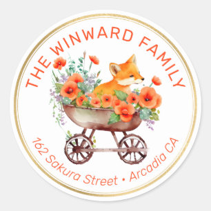 Sticker Rond Renard dans Brouette et Adresse Florale Orange