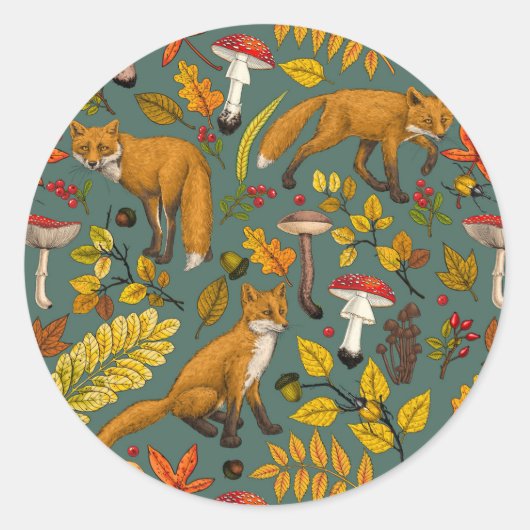 Sticker Rond Renard d'automne sur pin vert (Devant)