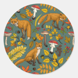 Sticker Rond Renard d'automne sur pin vert