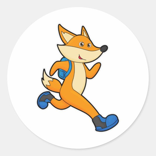 Sticker Rond Renard en course avec sac à dos (Devant)