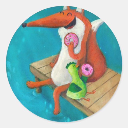 Sticker Rond Renard et poulet amicaux mangeant des beignes (Devant)