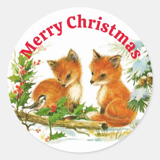 Sticker Rond Renard mignon et poulet à Noël de neige (Devant)