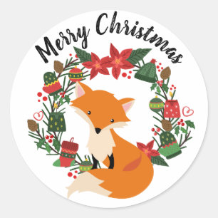Sticker Rond Renard mou avec couronne de Noël