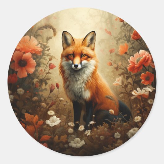 Sticker Rond Renard rouge aux fleurs sauvages. (Devant)