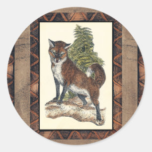 Sticker Rond Renard rustique sur un tronc d'arbre