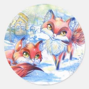 Sticker Rond Renards d'hiver