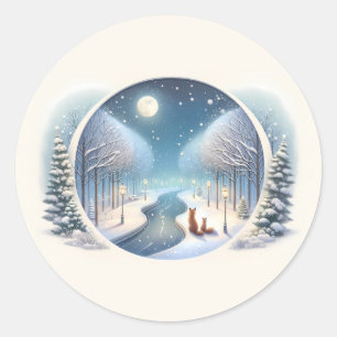 Sticker Rond Renards d'hiver au bord d'une rivière enneigée sou