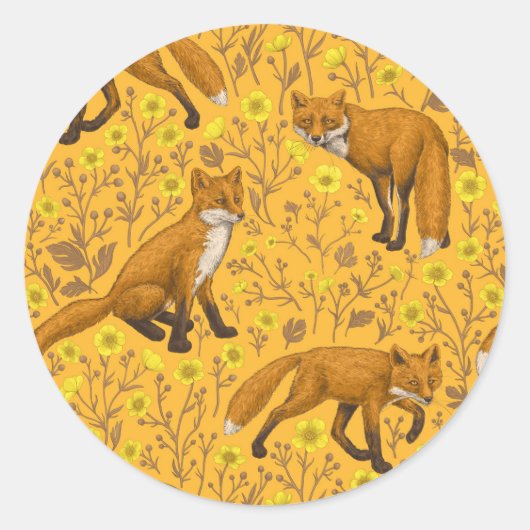 Sticker Rond Renards et papillons sur orange (Devant)