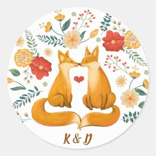 Sticker Rond Renards romantiques et Mariage de feuillage floral (Devant)