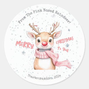 Sticker Rond Renne de Noël rose