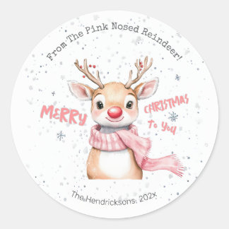 Sticker Rond Renne de Noël rose
