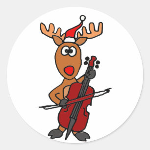 Sticker Rond Renne drôle jouant Noël de violoncelle