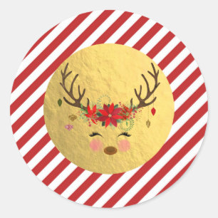 Sticker Rond Renne floral Noël rayures rouges feuille d'or