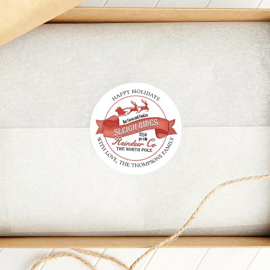 Sticker Rond Renne rouge rétro Noël personnalisé