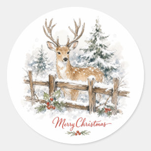 Sticker Rond Renneau de Noël à l'aquarelle dans la neige