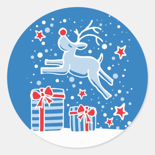 Sticker Rond Rennes de Noël sautant sur l'autocollant cadeaux (Devant)