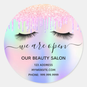 Sticker Rond Réouverture du salon de beauté lashes rose iridesc