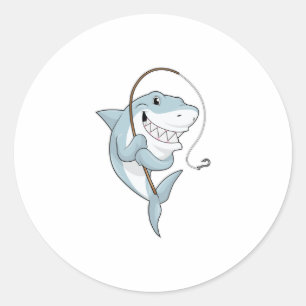 Sticker Rond Requin en pêcheur avec canne à pêche