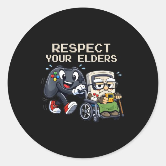 Sticker Rond Respect Your Elders Gaming Control Retro Funny Gam (Devant)
