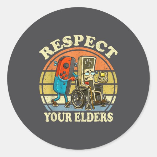 Sticker Rond Respect Your Elders Retro Gaming Funny Controller (Devant)