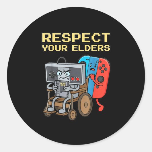 Sticker Rond Respect Your Elders Retro Gaming Funny Gamer Contr (Devant)
