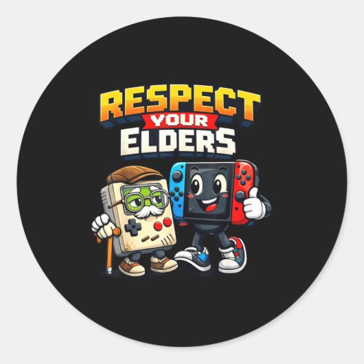 Sticker Rond Respect Your Elders Retro Gaming Funny Gamer Contr (Devant)