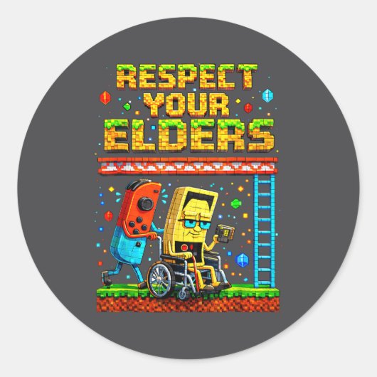 Sticker Rond Respect Your Elders Retro Gaming Funny Gamer Contr (Devant)