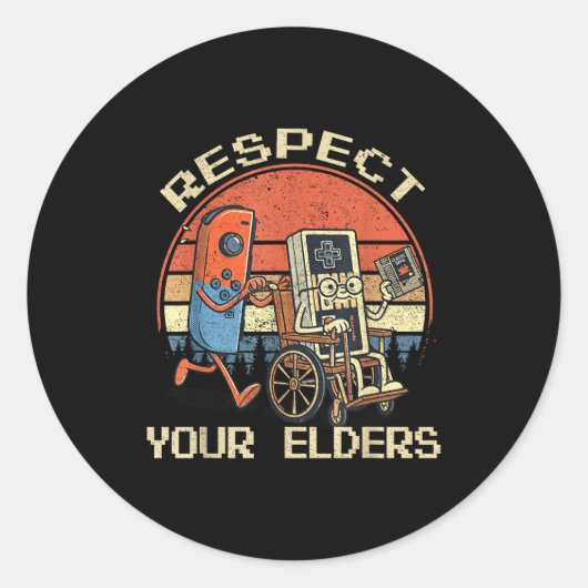 Sticker Rond Respect Your Elders Retro Gaming Funny Gamer Contr (Devant)