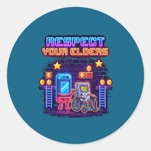 Sticker Rond Respect Your Elders Retro Gaming Funny Gamer Contr (Devant)