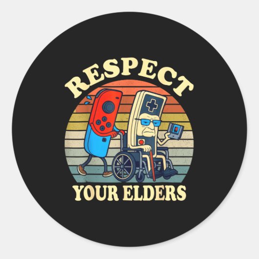 Sticker Rond Respect Your Elders Retro Gaming Funny Gamer Contr (Devant)