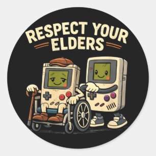Sticker Rond Respectez les aînés jeu vidéo rétro drôle manette