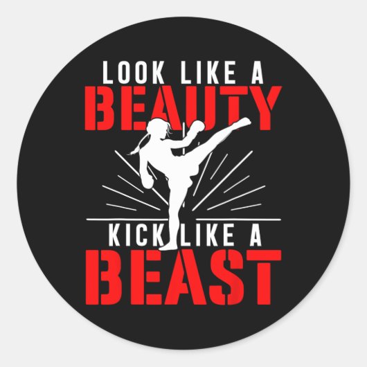 Sticker Rond Ressembler à Beauté Kick Comme Bête Kickboxer Athl (Devant)