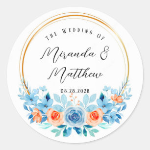 Sticker Rond Ressort Aquarelle Bleu Orange Florals Mariage Or