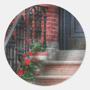 Sticker Rond Ressort - porche - Hoboken, NJ - géraniums sur de